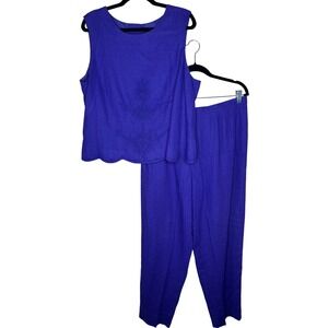 M.H.M. Melissa Harper linen blend Purple Embroidered Tank Top‎ Pants Set Size 16